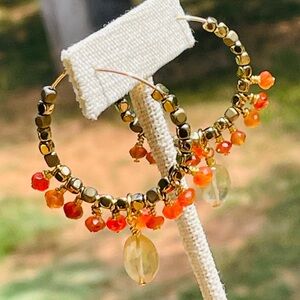 NEW Carnelian And Garnet Gemstone Boho Style Hoop Earrings